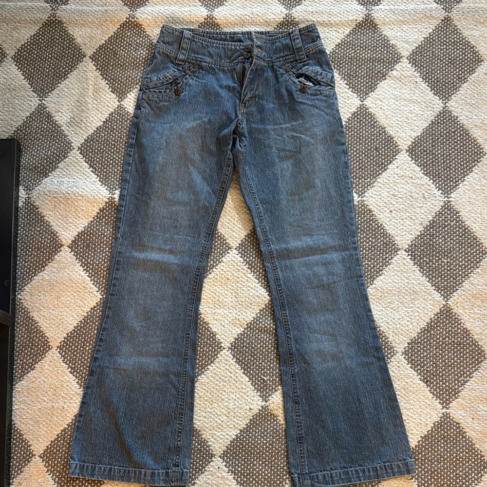 Blue Flare Wide Leg Jeans with Faded Details